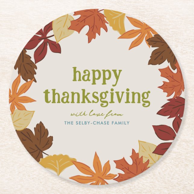 Falling Leaves Happy Thanksgiving Round Paper Coaster (Front)