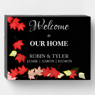 Falling Leaves "Welcome to our home" Black Wood Wooden Box Sign