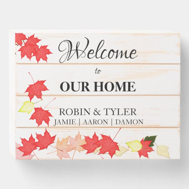 Falling Leaves "Welcome to our home" Wood Box Sign (Front Horizontal)
