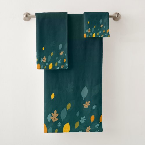 Falling Leaves with Autumn Element on Dark Teal  Bath Towel Set