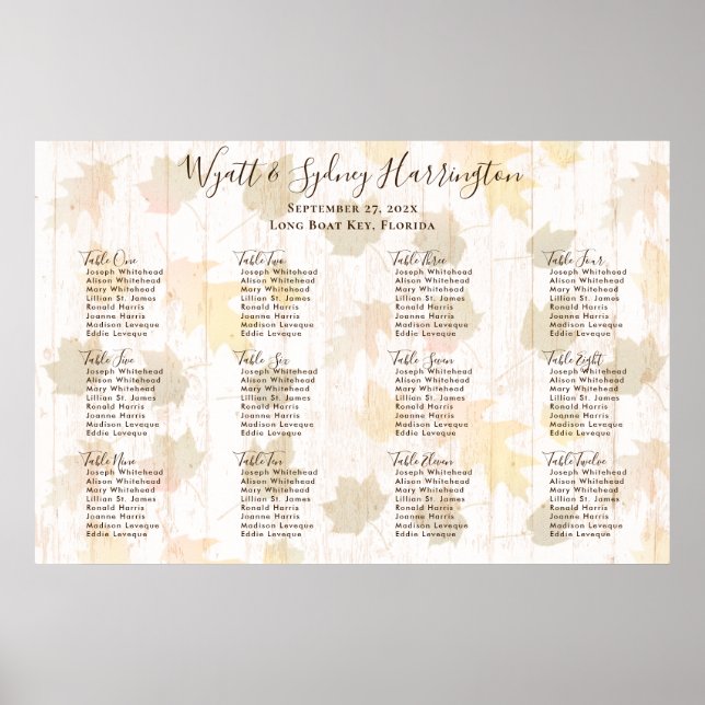 Falling Leaves Wood Reception Table Seating Chart (Front)