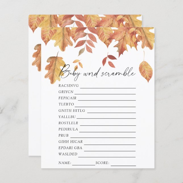 Falling leaves - Word scramble baby shower game (Front/Back)