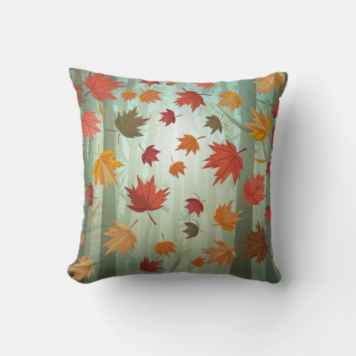 Falling Maple Leaves in Woods Trees Nature  Throw Pillow