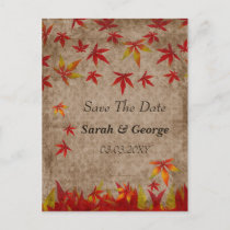 falling maple leaves save the date announcement postcard