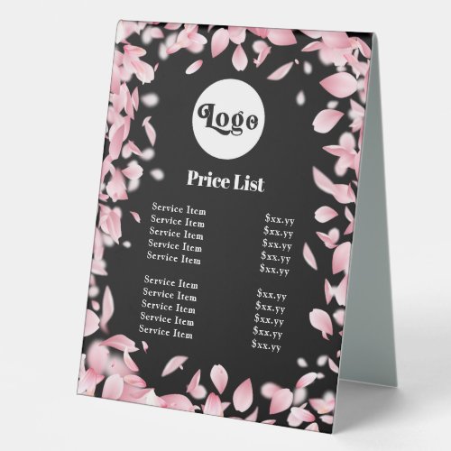 Falling petals price list table tent sign