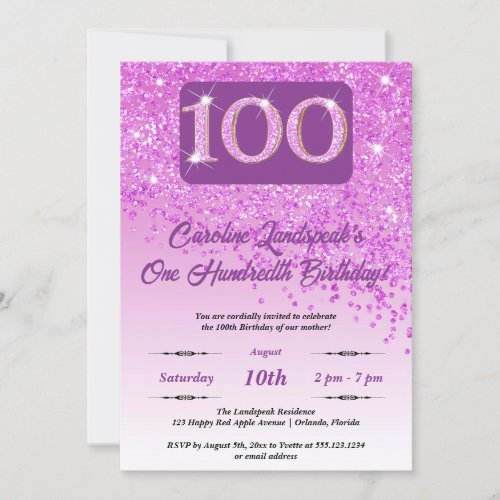 Falling Pink Glitter 100th Birthday Party Invitation