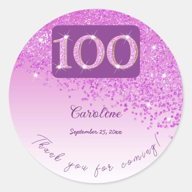 Falling Pink Glitter, 100th Birthday Thanks Classic Round Sticker (Front)
