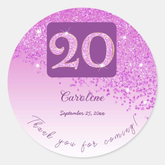 Falling Pink Glitter, 20th Birthday Thanks Classic Round Sticker (Front)