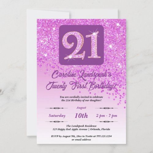 Falling Pink Glitter 21st Birthday Party	 Invitation