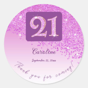 Falling Pink Glitter, 21st Birthday Thanks Classic Round Sticker