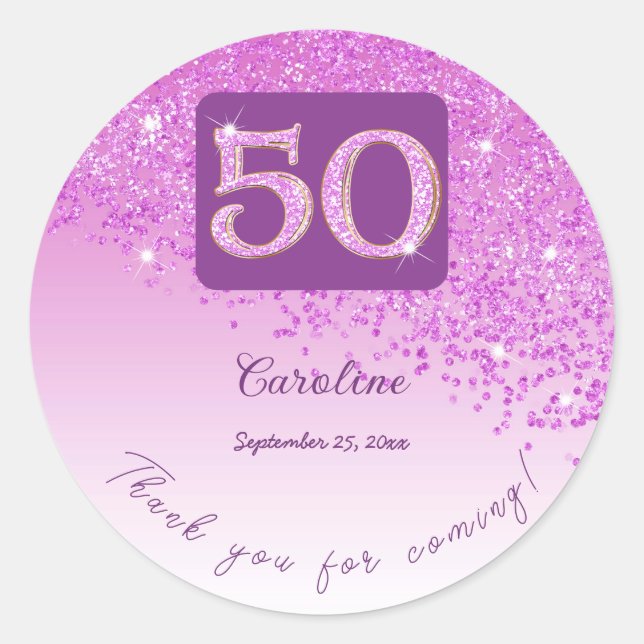 Falling Pink Glitter, 50th Birthday Thanks Classic Round Sticker (Front)