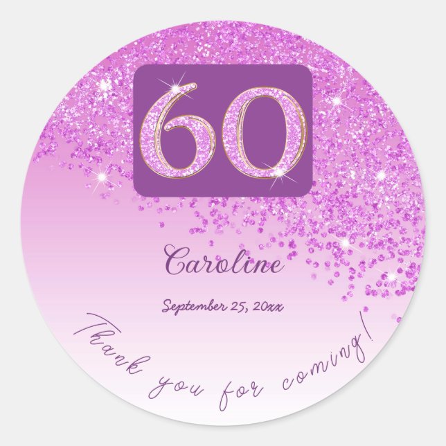 Falling Pink Glitter, 60th Birthday Thanks Classic Round Sticker (Front)
