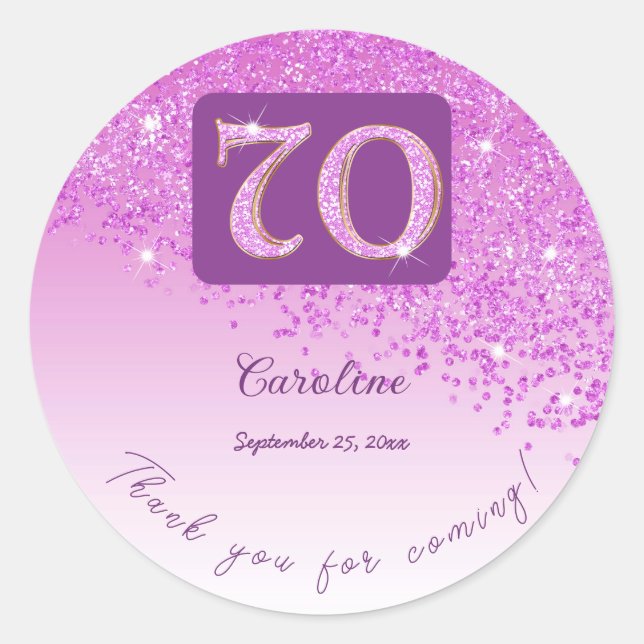 Falling Pink Glitter, 70th Birthday Thanks Classic Round Sticker (Front)