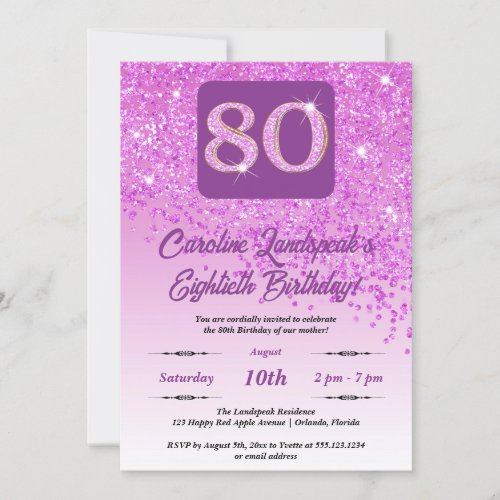 Falling Pink Glitter 80th Birthday Party Invitation