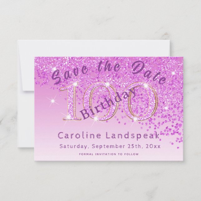 Falling Pink Glitter for 100th Birthday Save The Date (Front)