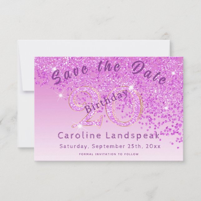 Falling Pink Glitter for 20th Birthday Save The Date (Front)