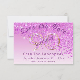 Falling Pink Glitter for 90th Birthday Save The Date