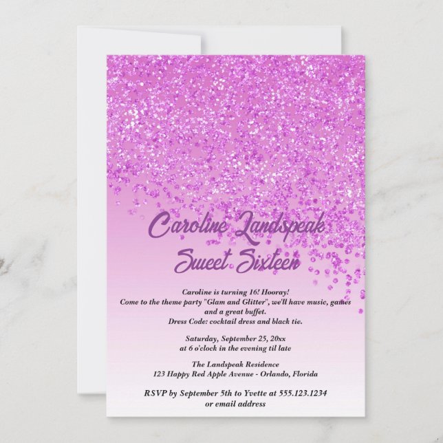 Falling Pink Glitter Sweet Sixteen Invitation (Front)