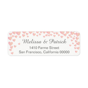 falling pink love hearts confetti on white wedding label