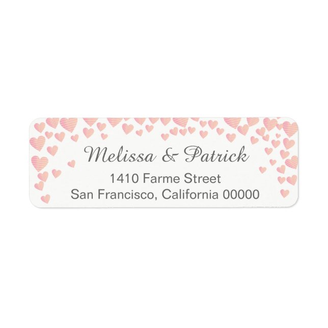 falling pink love hearts confetti on white wedding label (Front)