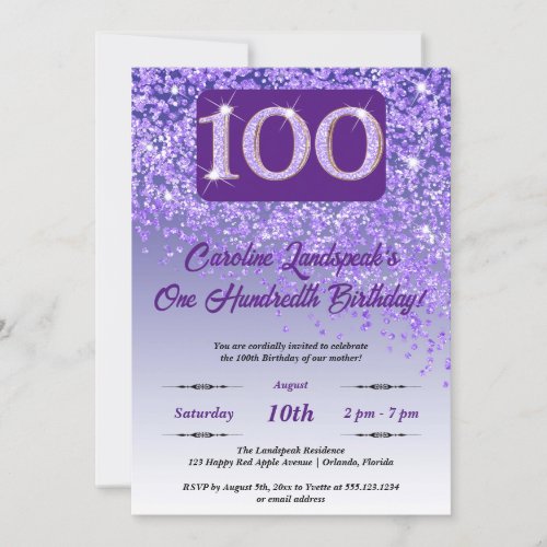 Falling Purple Glitter 100th Birthday Party Invitation