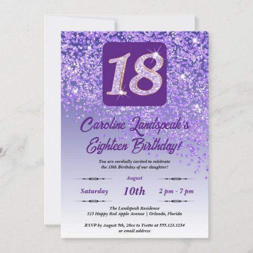 Falling Purple Glitter 18th Birthday Party Invitation