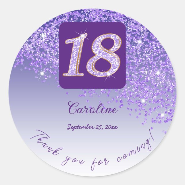 Falling Purple Glitter, 18th Birthday Thanks Classic Round Sticker (Front)