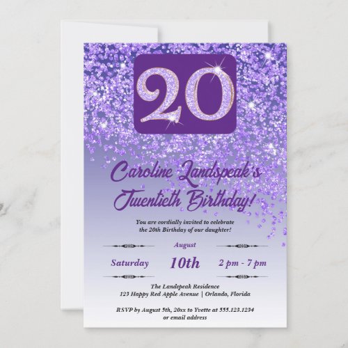 Falling Purple Glitter 20th Birthday Party Invitation