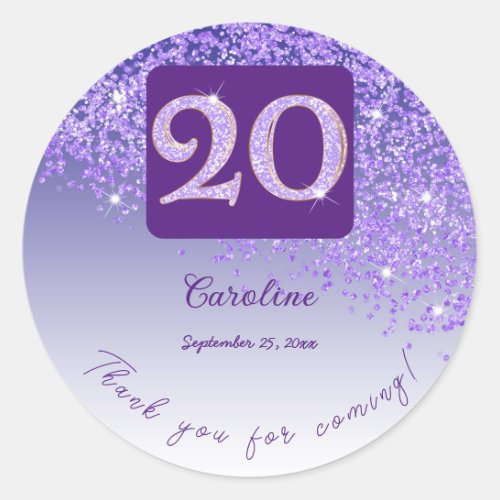 Falling Purple Glitter 20th Birthday Thanks Classic Round Sticker