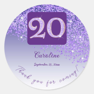 Falling Purple Glitter, 20th Birthday Thanks Classic Round Sticker