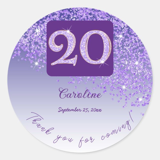 Falling Purple Glitter, 20th Birthday Thanks Classic Round Sticker (Front)