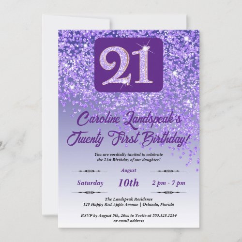 Falling Purple Glitter 21st Birthday Party Invitation