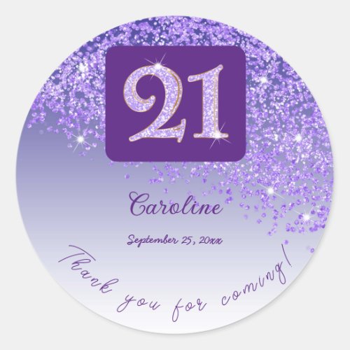 Falling Purple Glitter 21st Birthday Thanks Classic Round Sticker