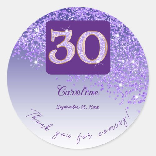 Falling Purple Glitter 30th Birthday Thanks Classic Round Sticker