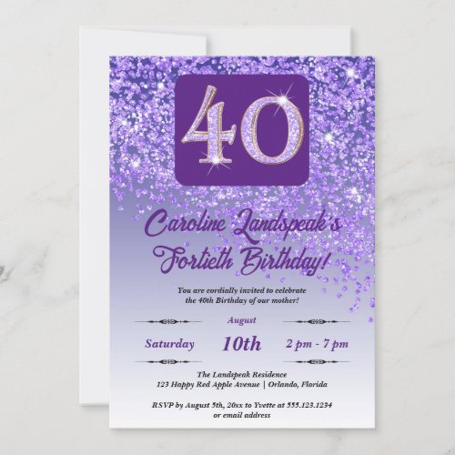 Falling Purple Glitter 40th Birthday Party Invitation