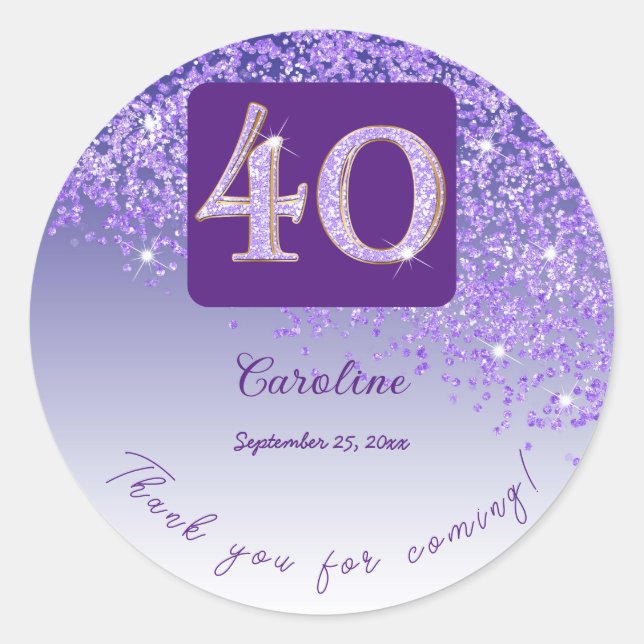 Falling Purple Glitter, 40th Birthday Thanks Classic Round Sticker (Front)
