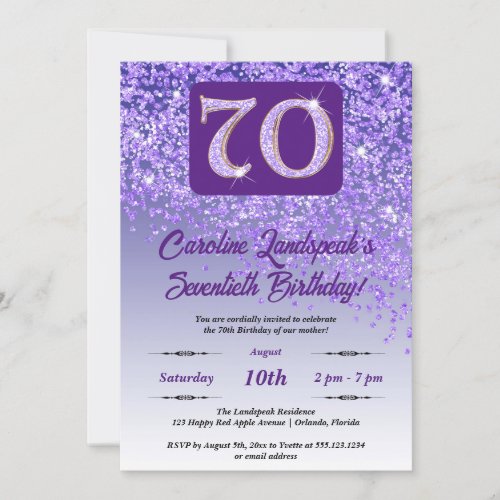 Falling Purple Glitter 70th Birthday Party Invitation