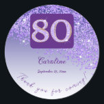 Falling Purple Glitter, 80th Birthday Thanks Classic Round Sticker<br><div class="desc">Send a glamorous thank you to your friends with this modern and chic purple glitter falling on the side on a purple gradient background.</div>