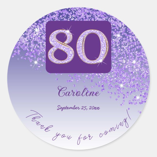 Falling Purple Glitter, 80th Birthday Thanks Classic Round Sticker (Front)