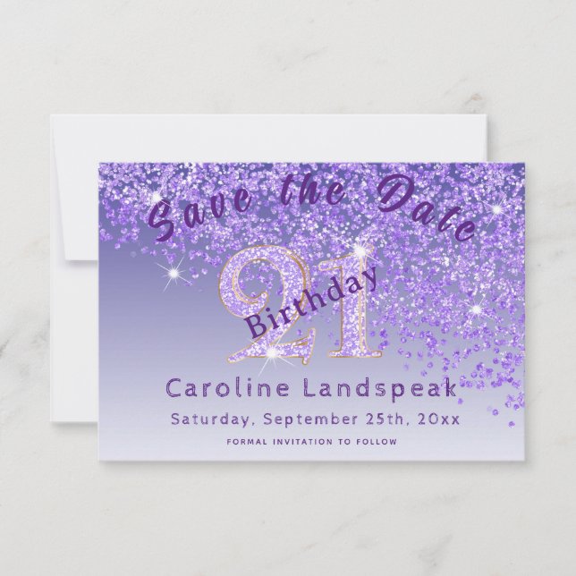 Falling Purple Glitter for 21st Birthday  Save The Date (Front)