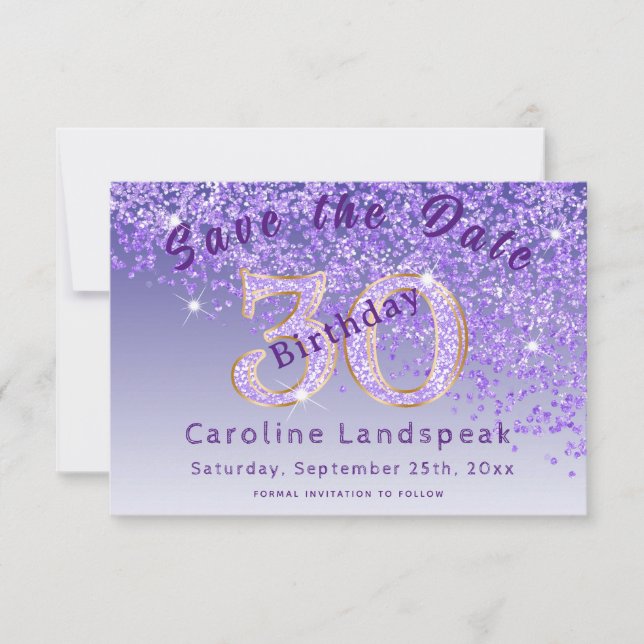 Falling Purple Glitter for 30th Birthday  Save The Date (Front)