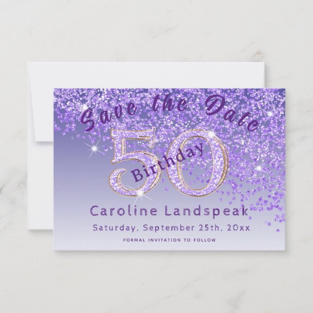 Falling Purple Glitter for 50th Birthday  Save The Date (Front)
