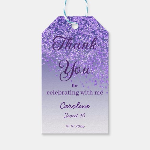 Falling Purple Glitter Sweet 16 Personalized Gift Tags