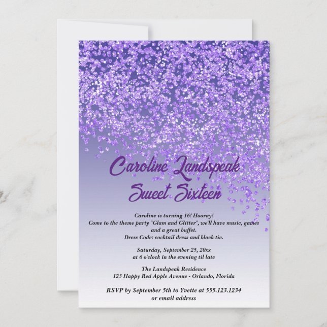 Falling Purple Glitter Sweet Sixteen Invitation (Front)