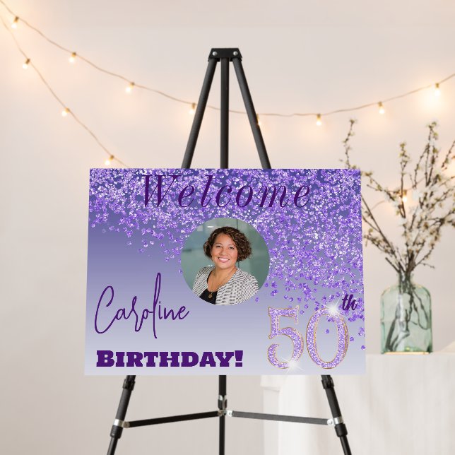 Falling Purple Glitter Welcome 50th Birthday Foam Board (In Situ (Stand))