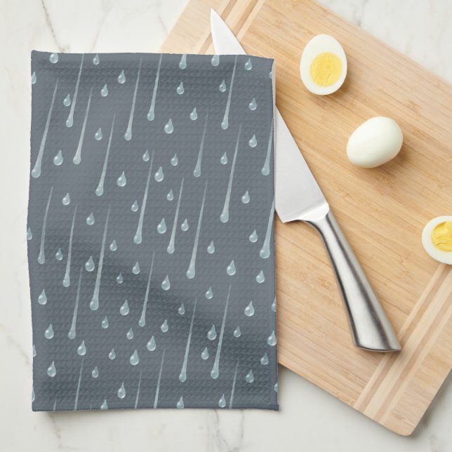 Falling Raindrops Cute Rainy Day Dark Gray Kitchen Towel (Quarter Fold)