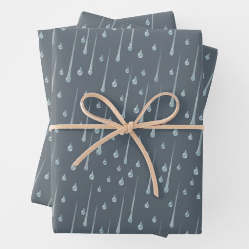 Falling Raindrops Cute Rainy Day Dark Gray Wrapping Paper Sheets