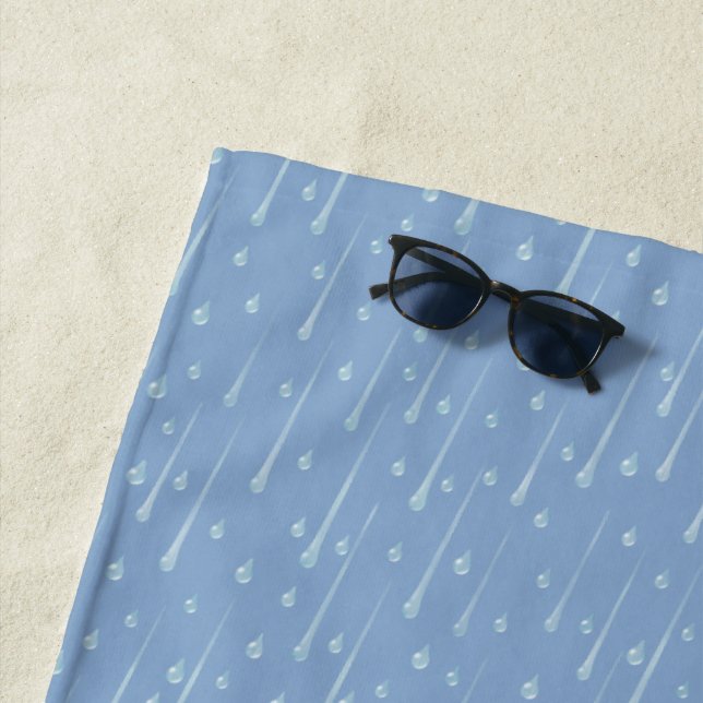 Falling Raindrops Cute Rainy Day Dusky Blue Beach Towel (In Situ)