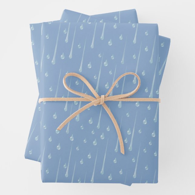 Falling Raindrops Cute Rainy Day Dusky Blue Wrapping Paper Sheets (In situ)