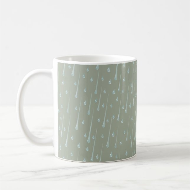 Falling Raindrops Cute Rainy Day Olive Green Coffee Mug (Left)